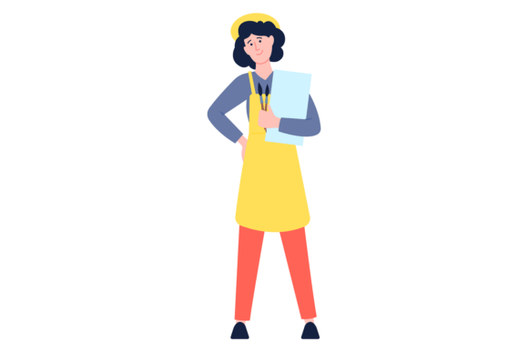 Evaluating the Woman Hold Paint Brushes and Paper Stock Image